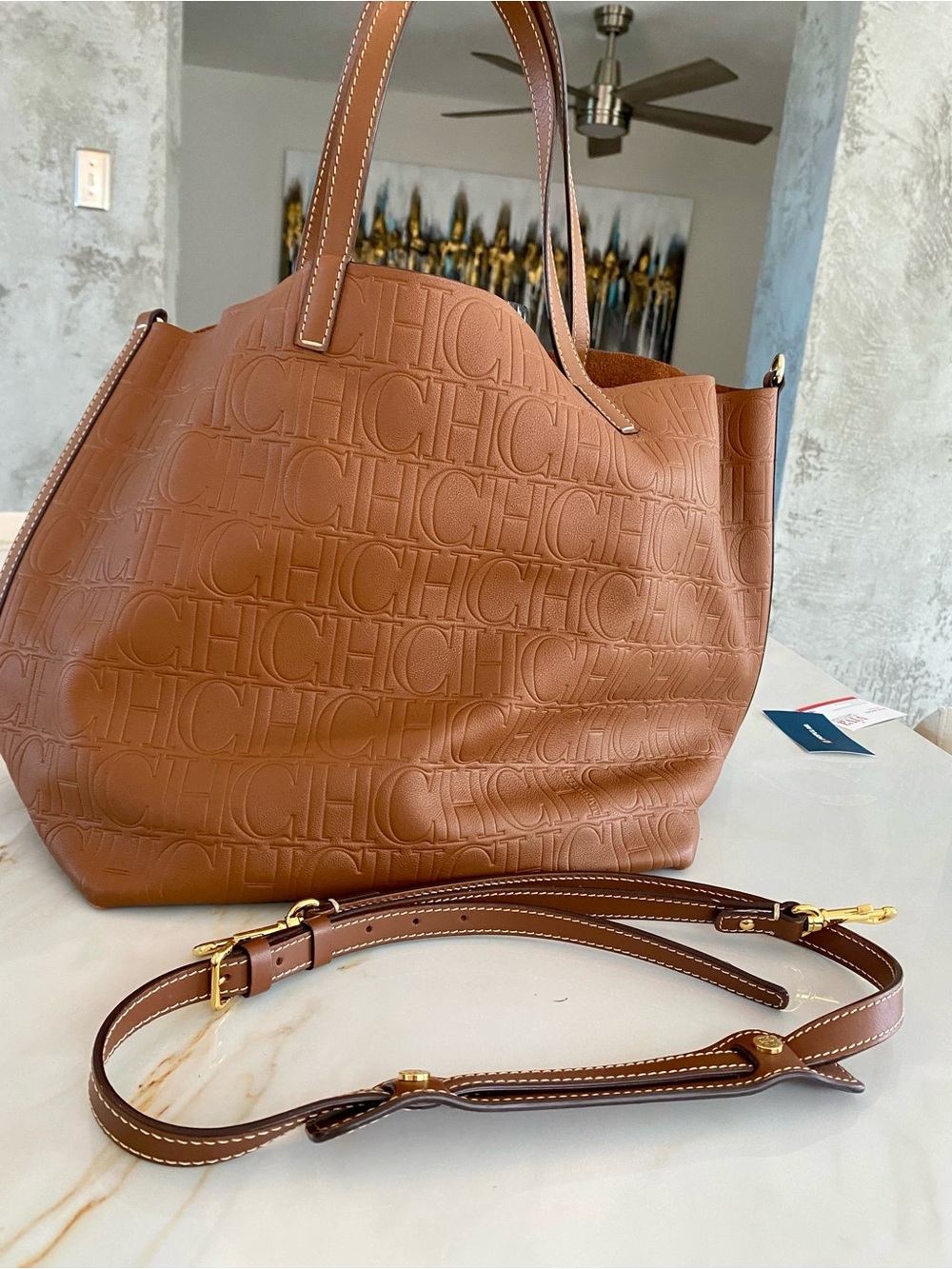 Carolina Herrera Original Andy 10 Tatuado - Embossed Monogram Tote in Brown Like